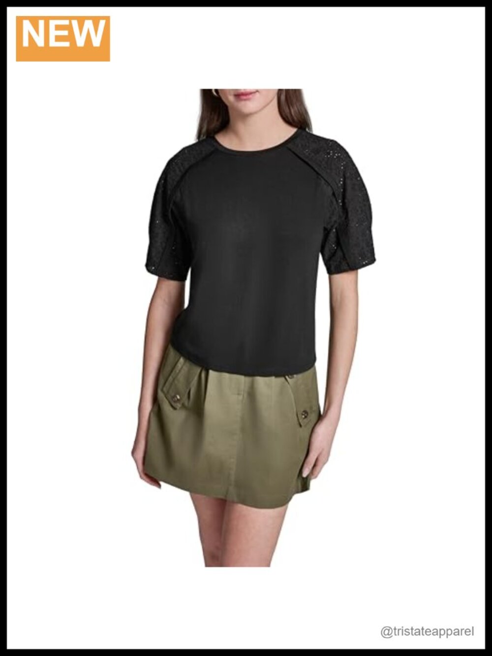 BCBG Woven Short Sleeve Loose Fit Eyelet Detail Top - 95% Rayon 5% Spandex